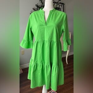 Pink Martini  Green Tiered Bell Sleeve Linen Blend Smock Dress L